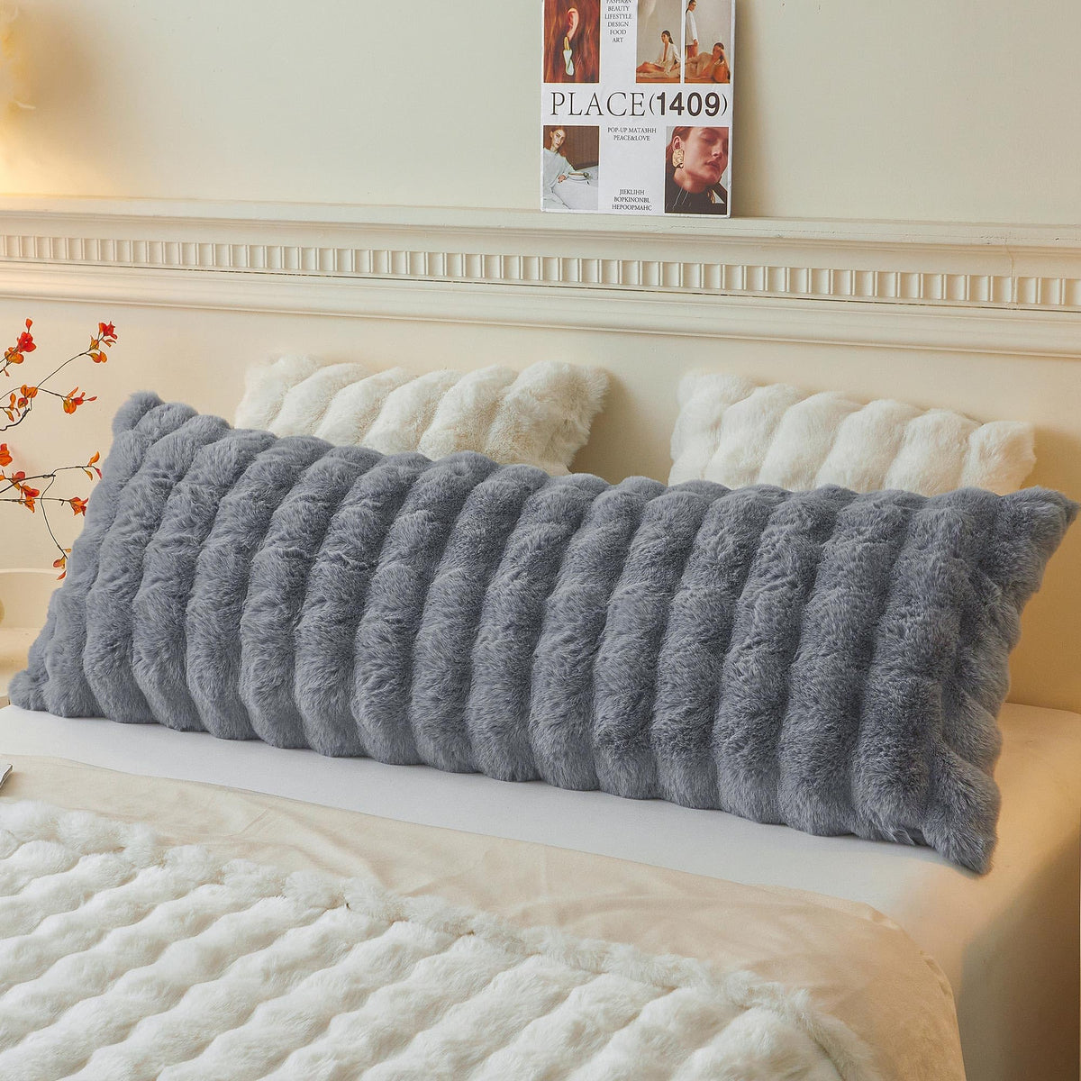 LIFEREVO Fluffy Faux Rabbit Fur Body Pillow Cover 20"x54", Sage Green
