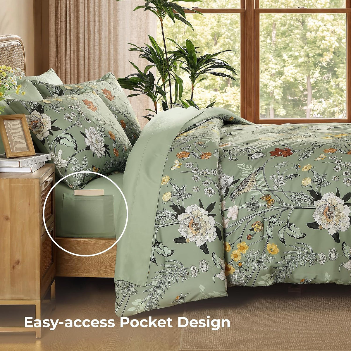 Litanika Floral Green Comforter Queen Size-7 Piece Botanical Birds Bedding