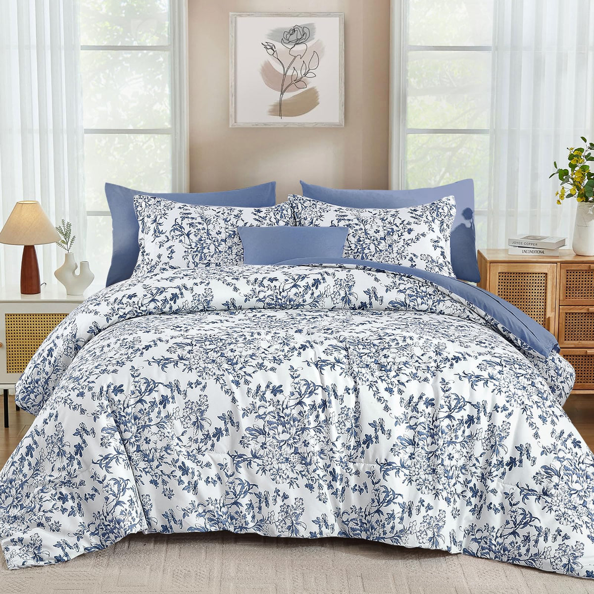 WONGS BEDDING 8 Pieces Queen Size Comforter Set Green, Sage Green Floral Bed in a Bag Comforter Sets, Soft Reversible Botanical Flowers Bedding Sets for All Season (90"x90")