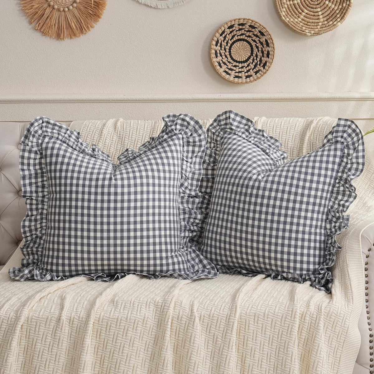 Taupe/White Plaid Ruffled Body Pillow Cover Washed Cotton 20"x54"