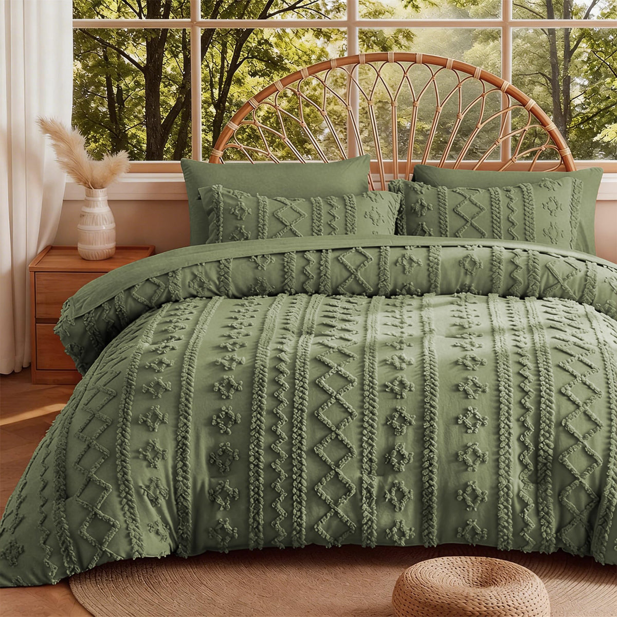 MR&HM Queen Comforter Set 7 Pieces, Fluffy Tufted Boho Beddding Set Beige