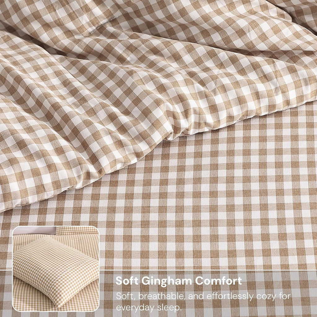 CASAAGUSTO Brown Full Gingham Comforter Set, 3 Pieces Bedding