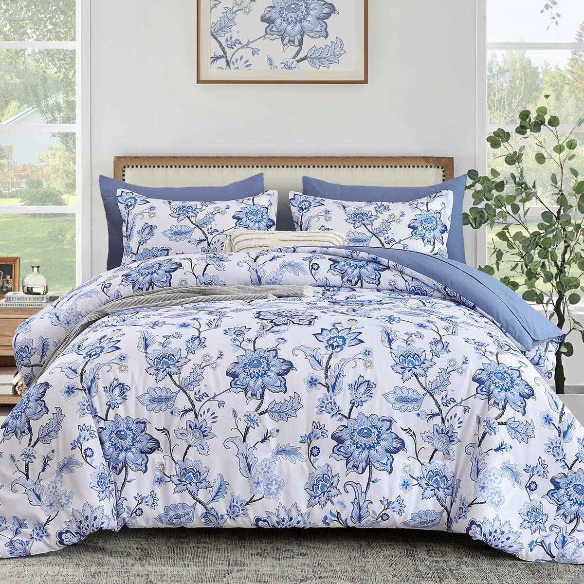 Luxudecor Blue Rose Floral Queen Comforter Set, 7 Pieces Bed in a Bag
