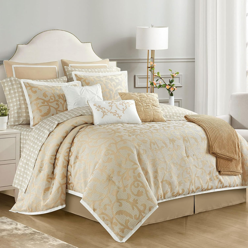 LANCO MODERN LIFESTYLE Taupe California King Comforter Set, Classic Jacquard Floral 14 Pieces Bedding Set, Ultra Soft for All Seasons, Sheets, Bedskirt, Throw,Matching Shams and Decor Pillows