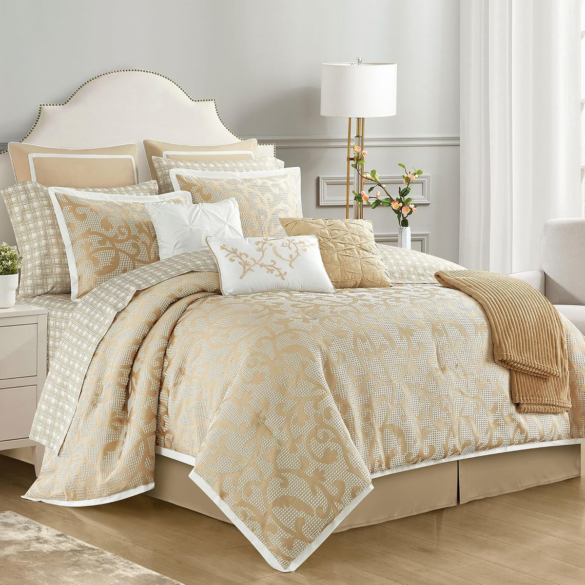 LANCO MODERN LIFESTYLE Taupe California King Comforter Set, Classic Jacquard Floral 14 Pieces Bedding Set, Ultra Soft for All Seasons, Sheets, Bedskirt, Throw,Matching Shams and Decor Pillows