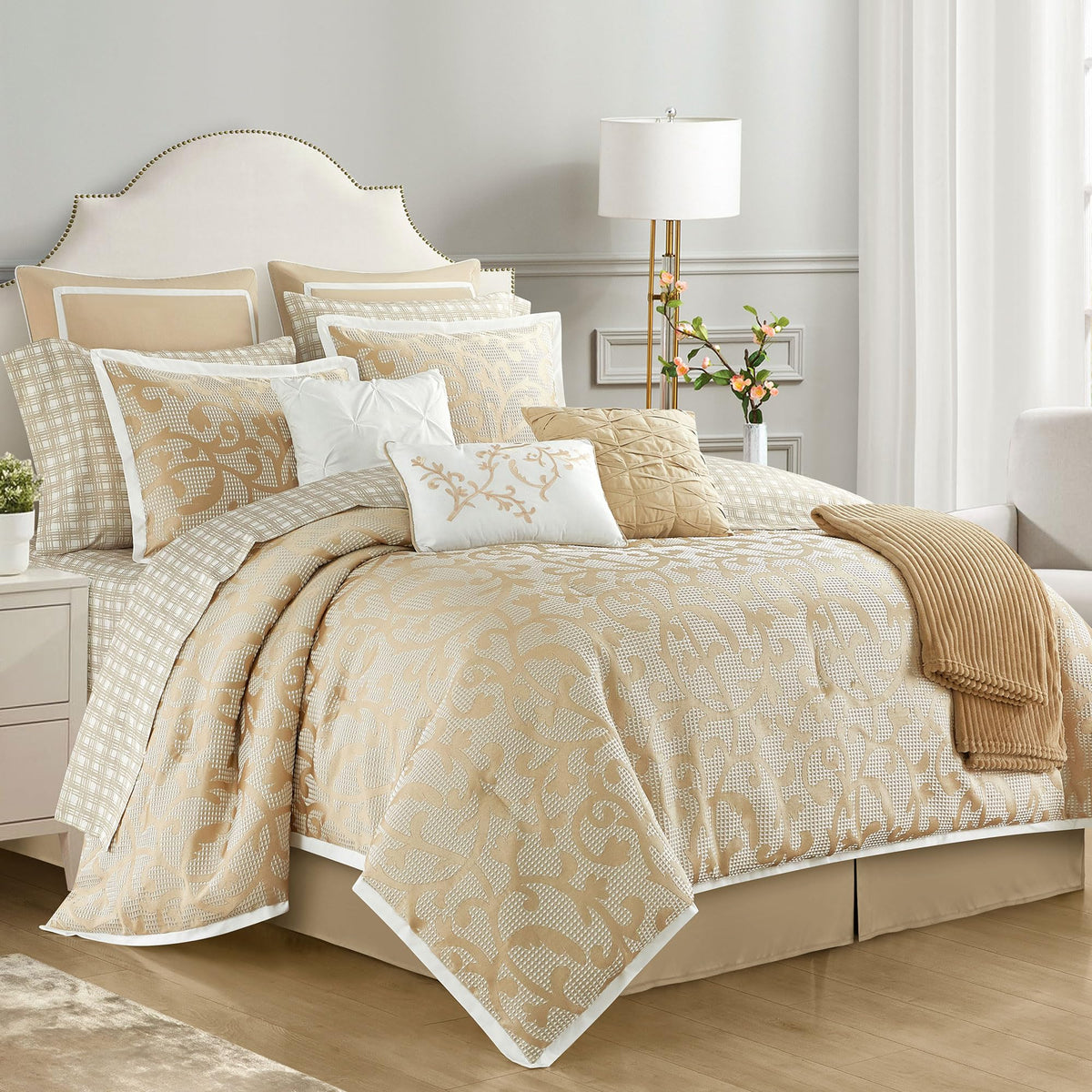 LANCO MODERN LIFESTYLE Taupe California King Comforter Set, Classic Jacquard Floral 14 Pieces Bedding Set, Ultra Soft for All Seasons, Sheets, Bedskirt, Throw,Matching Shams and Decor Pillows