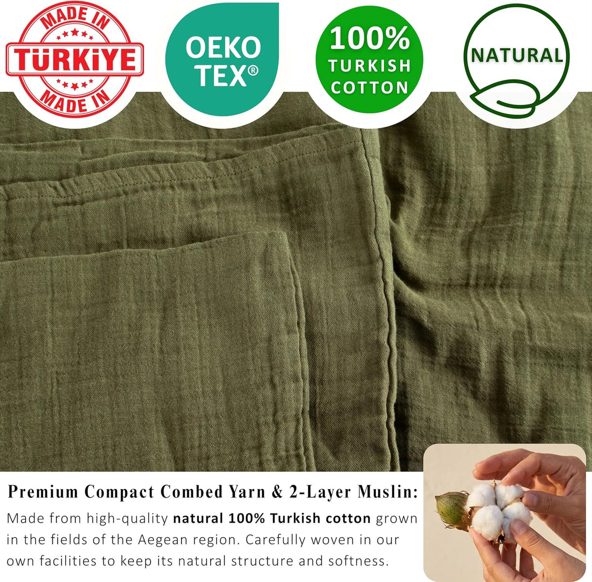 PÜSKÜL 2-Piece Natural 100% Turkish Cotton Muslin Pillowcase, Standard Size