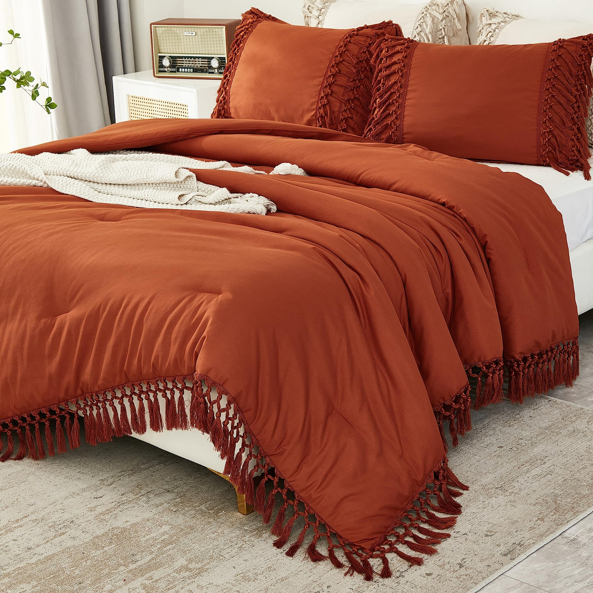 Andency Terracotta Comforter Set Full, 3 Pieces Boho Tassel Bedding